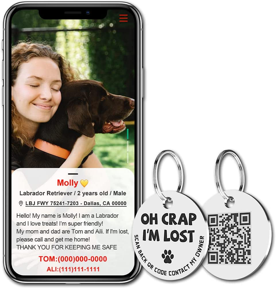 MYLUCKYTAG Stainless Steel QR Code Pet Identification Tags - Instant Location Alerts via QR Scan