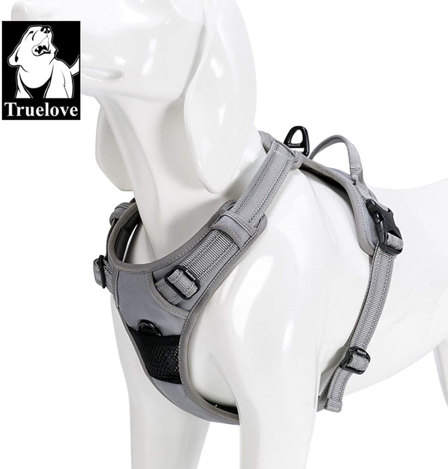 TRUE LOVE Adjustable No-Pull Dog Harness with Reflective Features - Comfortable Control Vest in Gray (Large)