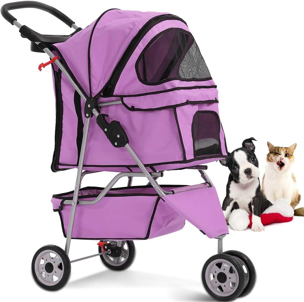 Pet Stroller Joggers Cat Dog Cage 3 Wheel Travel Folding Carriage Strollers with Cup Holder and Removable Pad