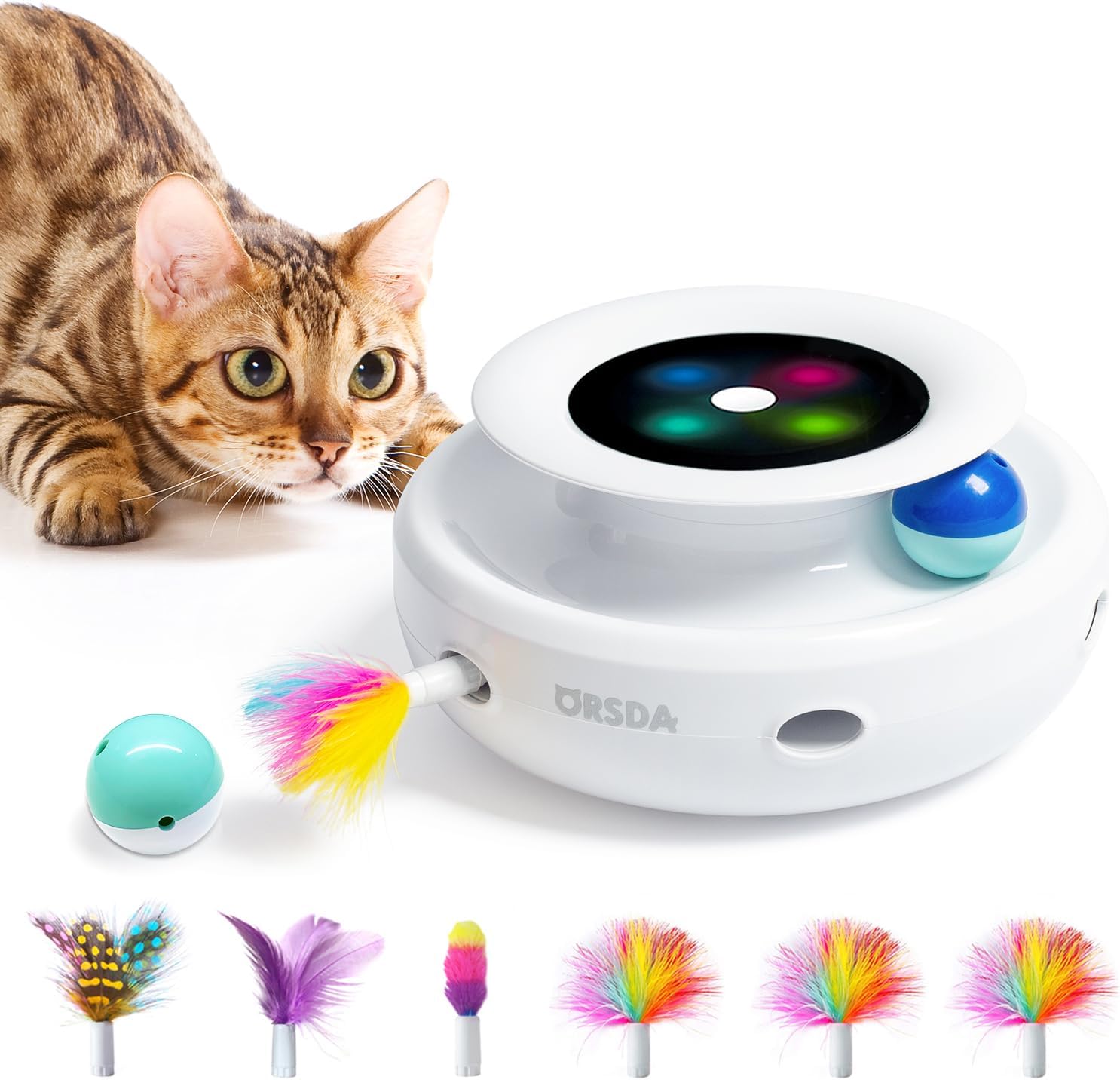 ORSDA Cat Toys, 2-In-1 Interactive Cat Toys for Indoor Cats, Automatic Cat Toy Balls, Mice Toys Ambush Feather Kitten Toys with 7Pcs Attachments, Dual Power Supplies, Adjustable Speed, Auto On/Off