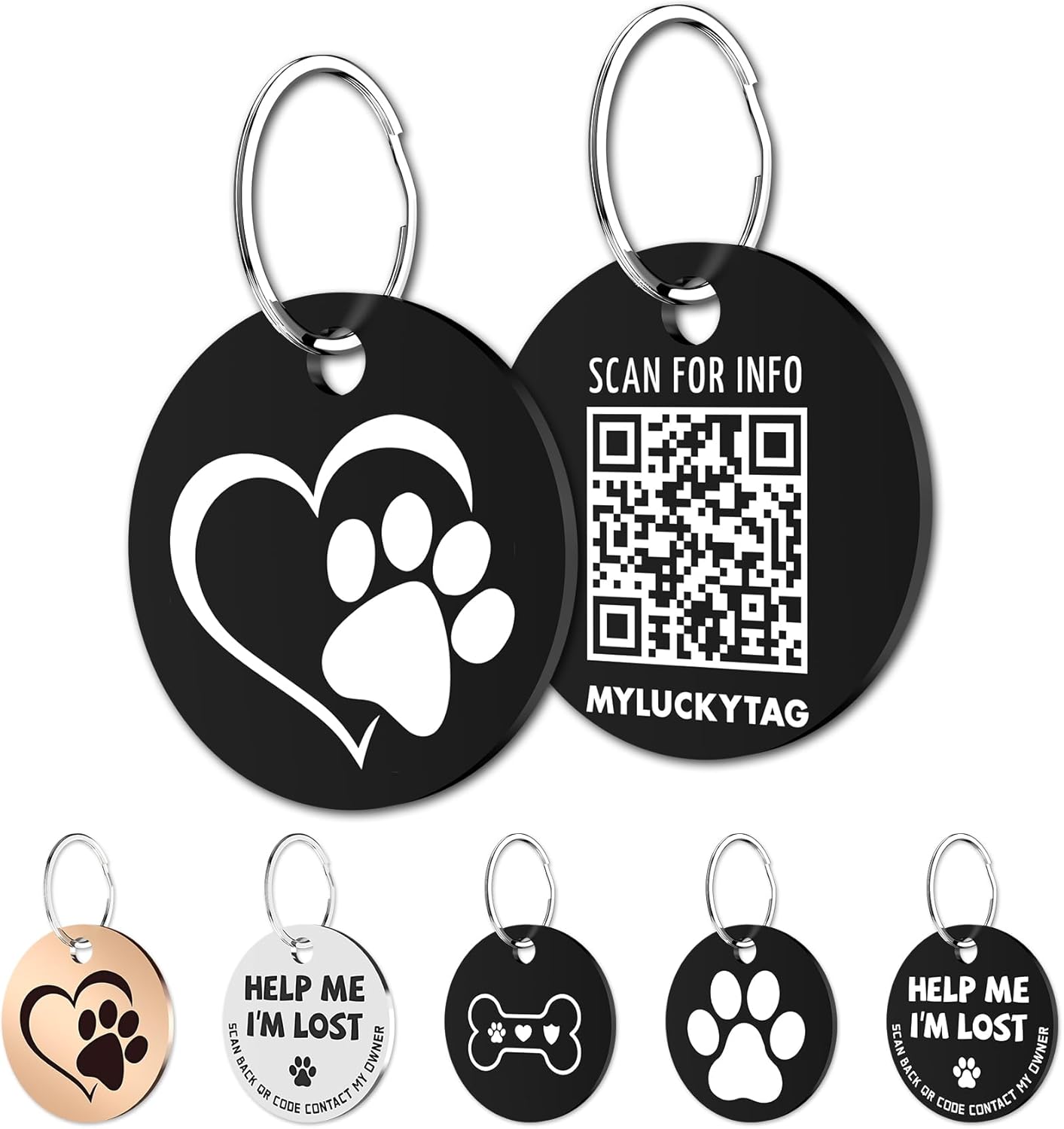 MYLUCKYTAG Stainless Steel QR Code Pet Identification Tags - Instant Location Alerts via QR Scan