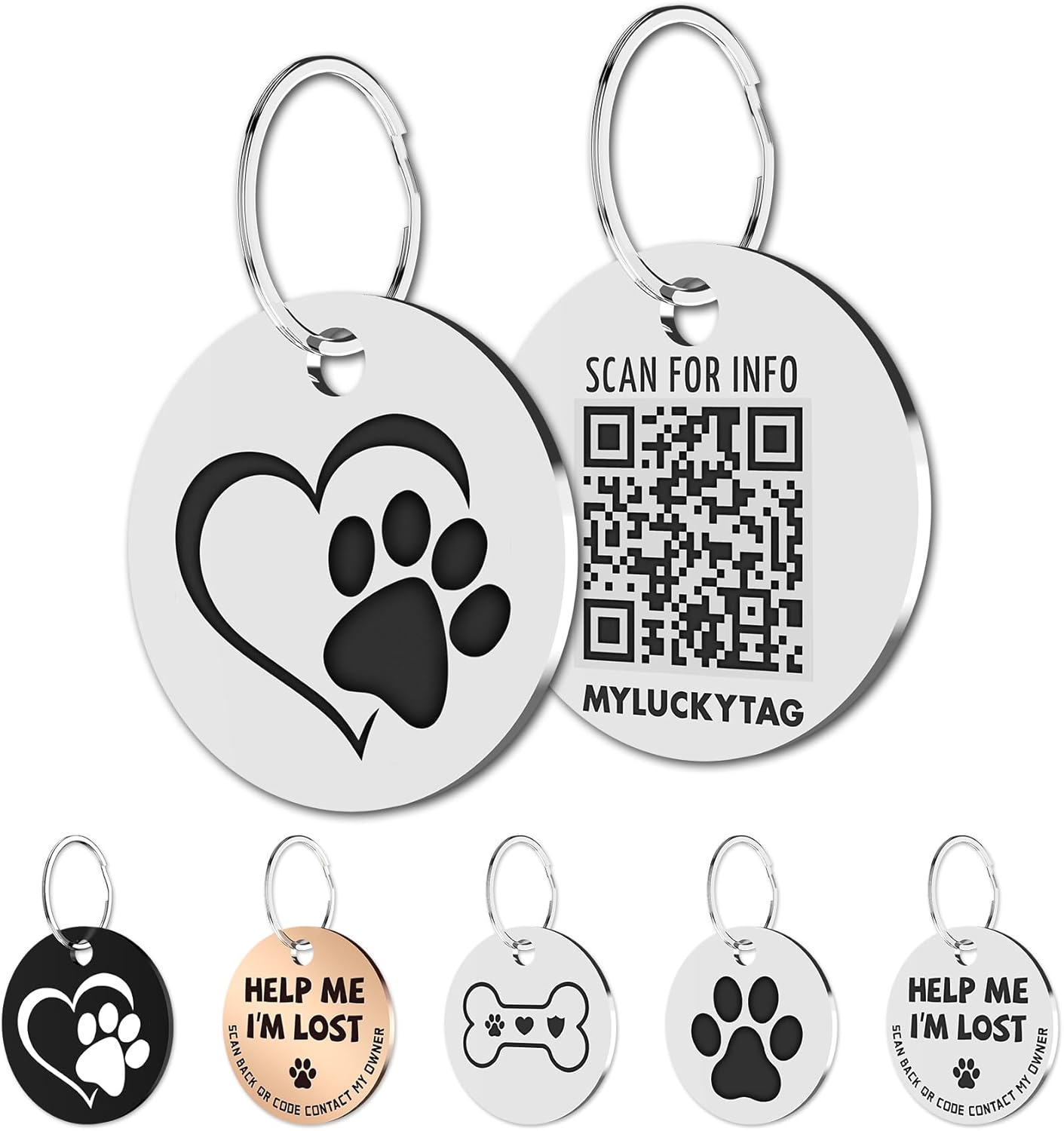 MYLUCKYTAG Stainless Steel QR Code Pet Identification Tags - Instant Location Alerts via QR Scan