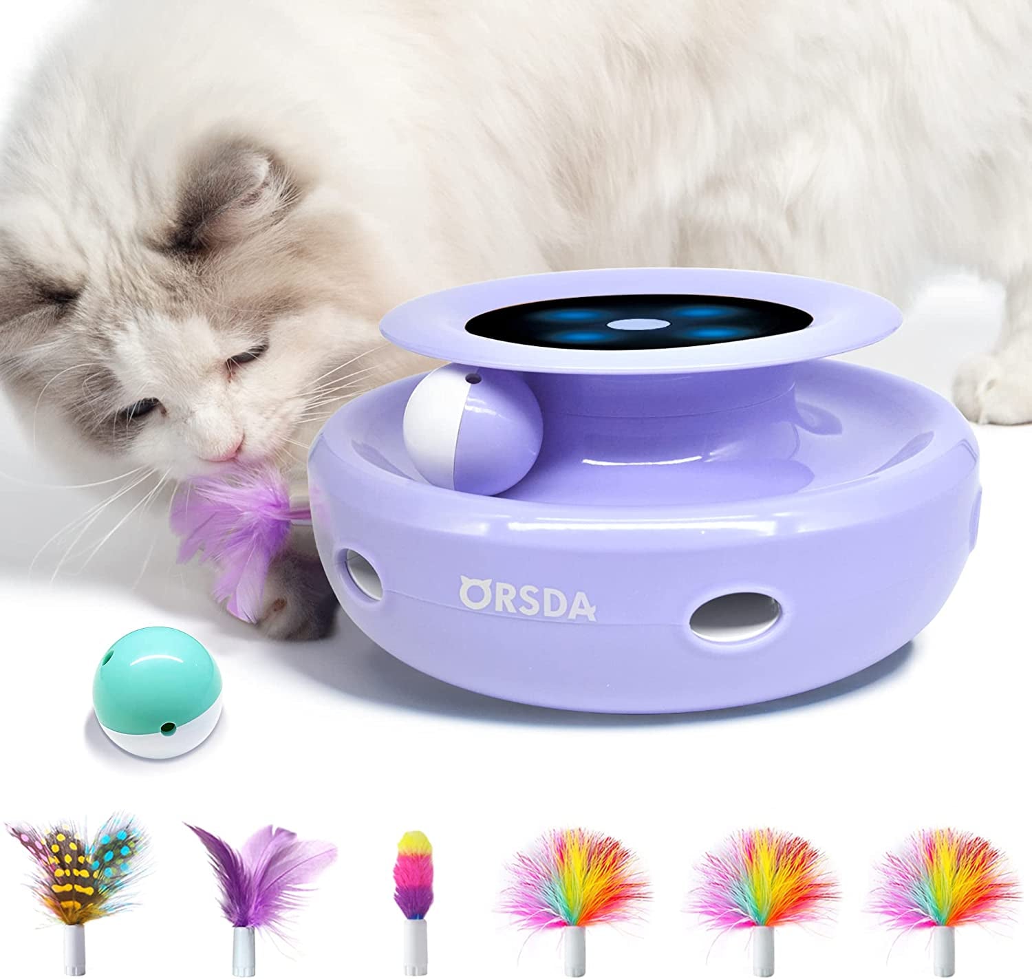 ORSDA Cat Toys, 2-In-1 Interactive Cat Toys for Indoor Cats, Automatic Cat Toy Balls, Mice Toys Ambush Feather Kitten Toys with 7Pcs Attachments, Dual Power Supplies, Adjustable Speed, Auto On/Off