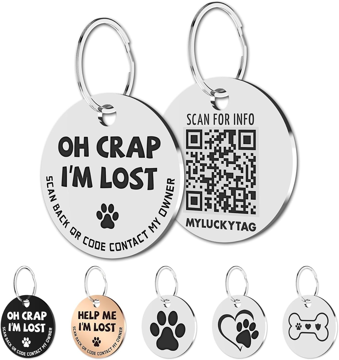 MYLUCKYTAG Stainless Steel QR Code Pet Identification Tags - Instant Location Alerts via QR Scan
