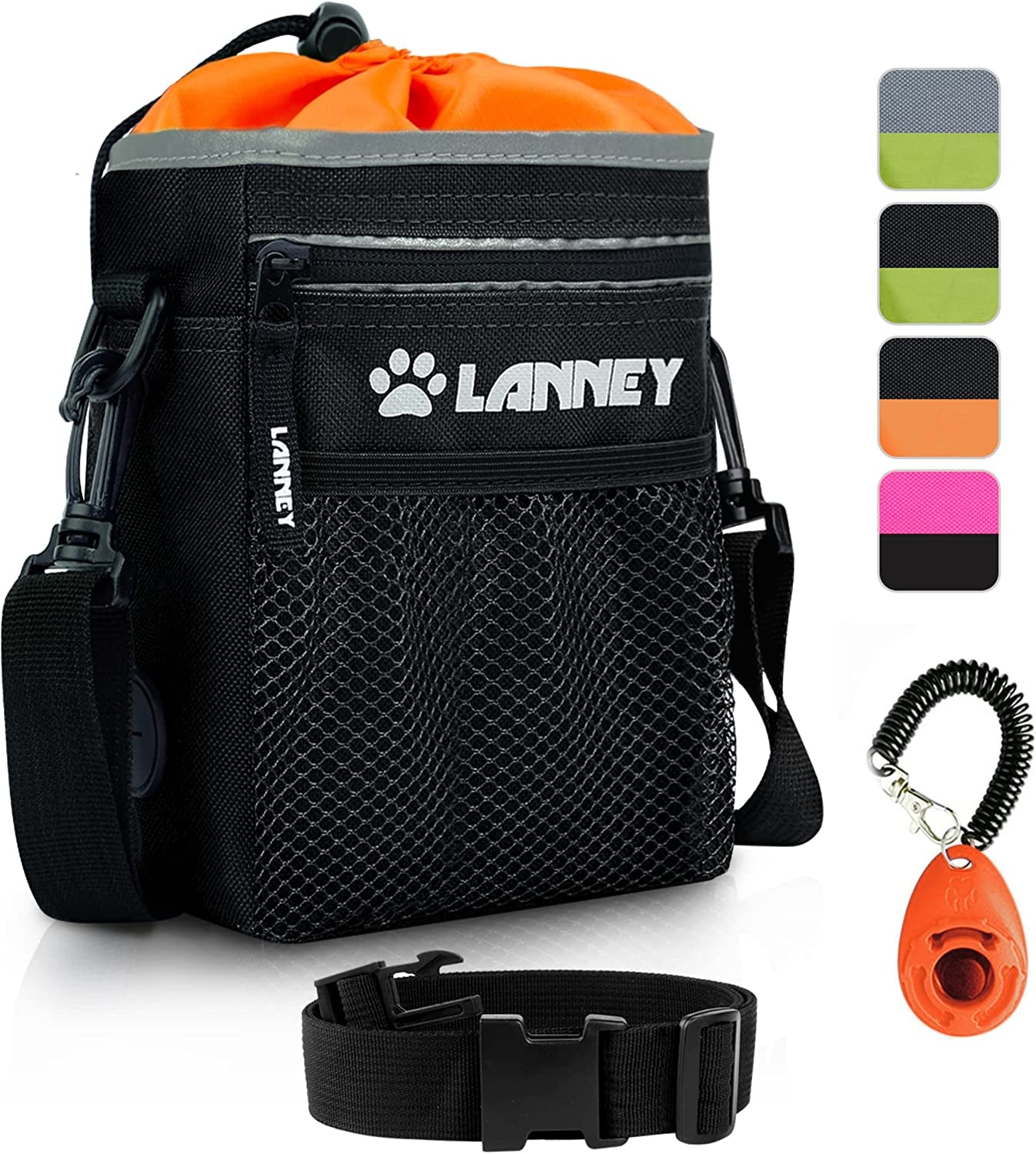 Dog Training Treat Pouch - Versatile Carry Bag for Kibble, Snacks, and Toys, Includes Metal Clip, Waist Belt, Shoulder Strap, and Poop Bag Dispenser, Black with Orange