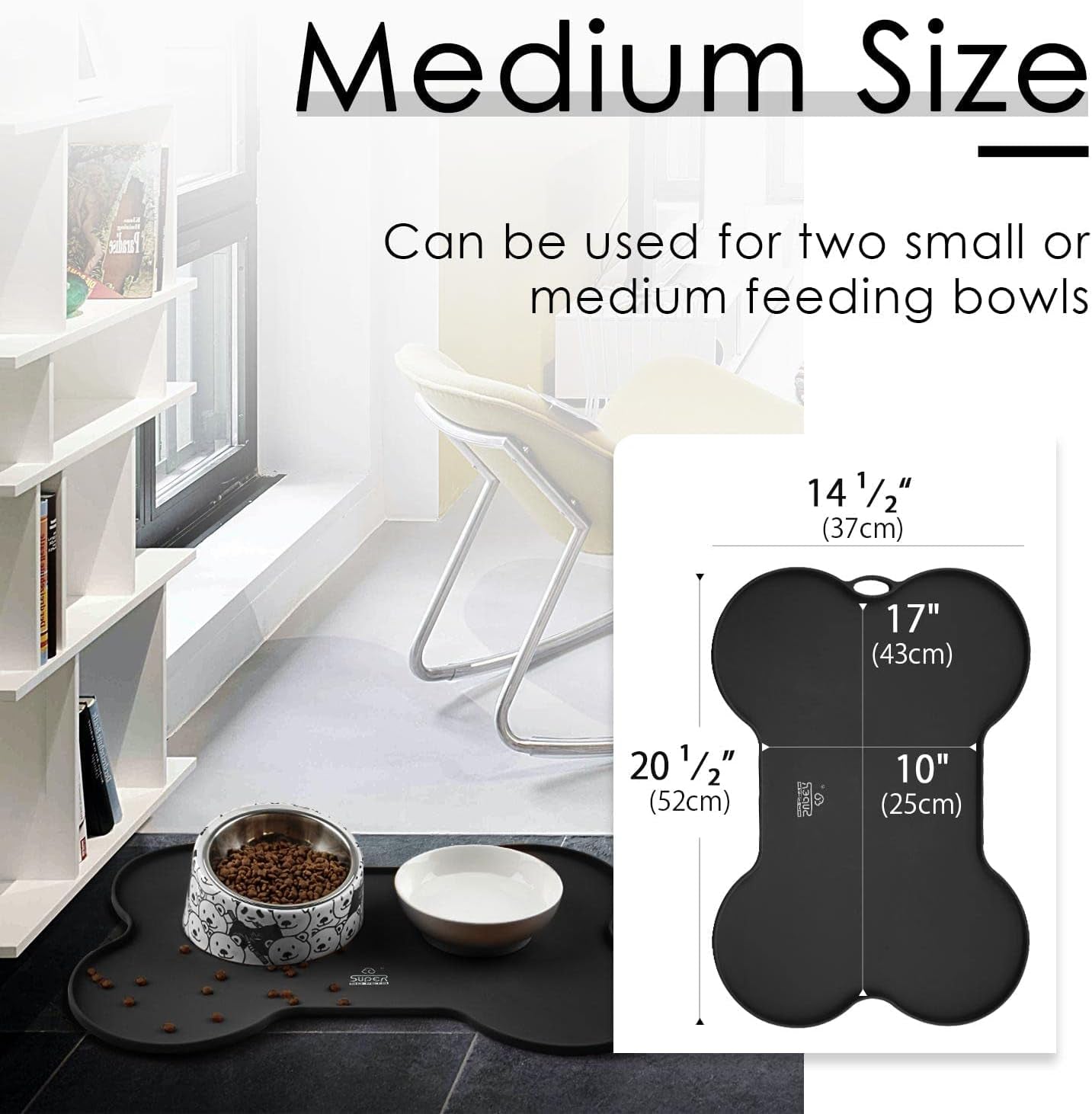 Premium Silicone Dog Food and Water Mat - Non-Spill Cat Feeding Placemat, Waterproof, 20.5" x 14.5", Black