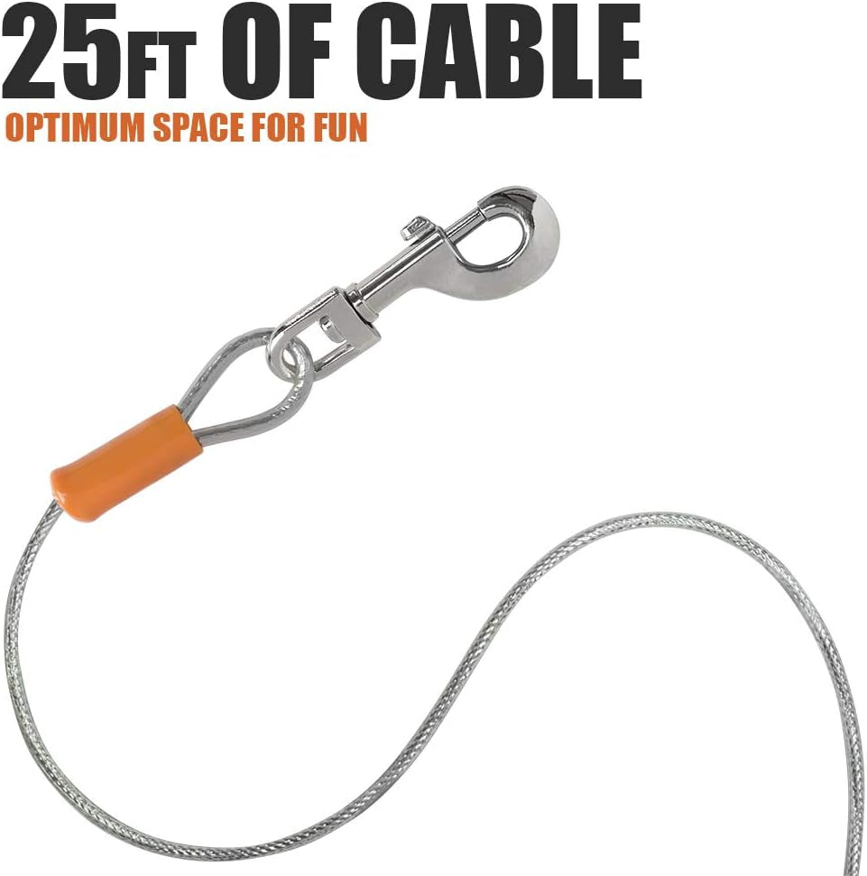 BV Heavy-Duty 25-Foot Dog Tie-Out Cable for Dogs up to 90 Pounds - Reflective, Rust-Resistant with Quick Release Swivel Clips and 360° Rotating Clasp - Tangle-Free Runner for Yard (Silver, Single)