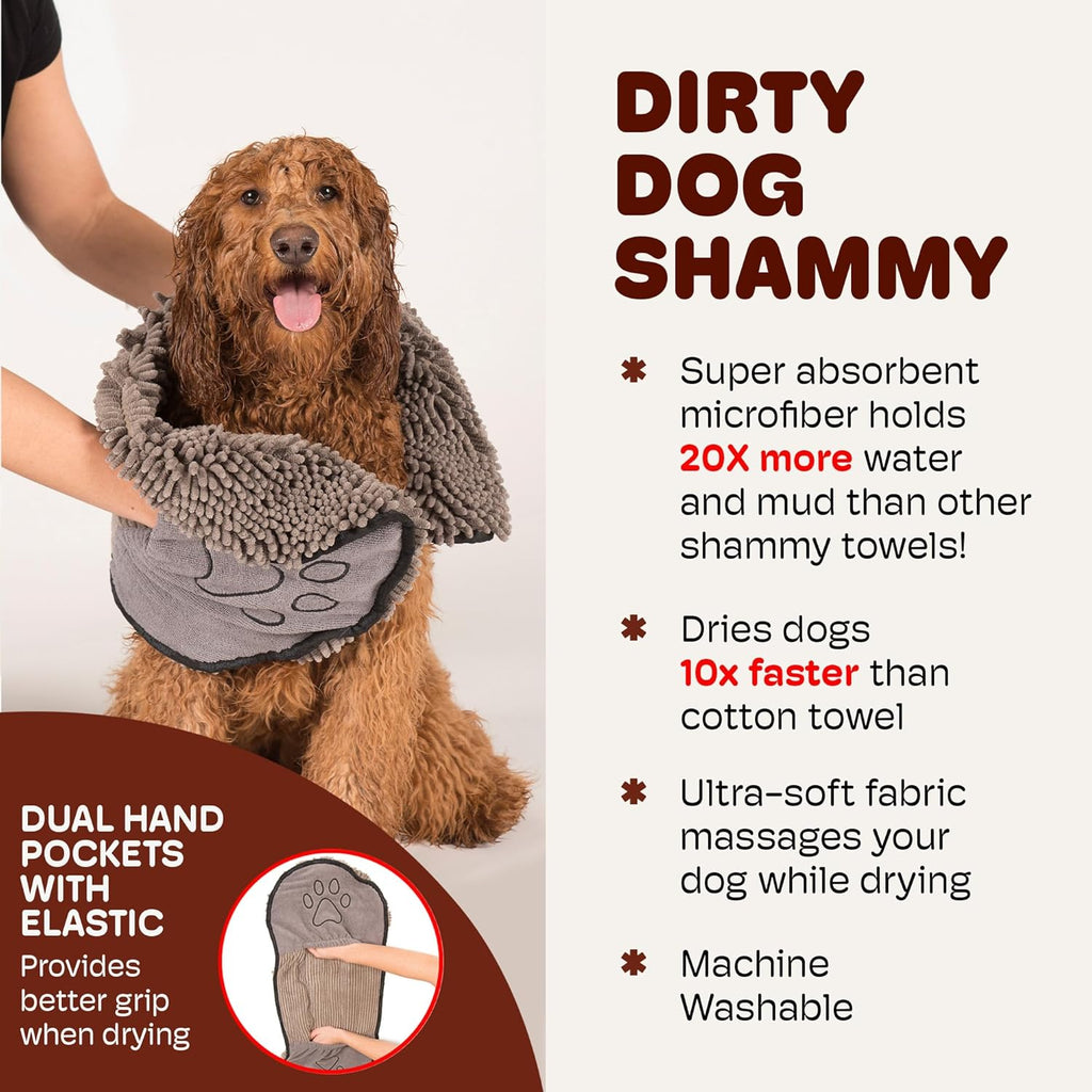 Dog Gone Smart Dirty Dog Shammy Towel - Fast-Drying Plush Microfiber with Dual Hand Pockets and Elastic - Super Absorbent and Machine Washable - Grey