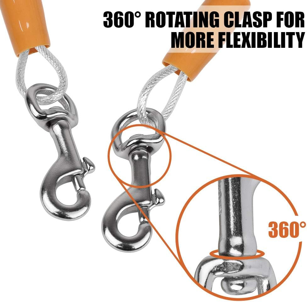 BV Heavy-Duty 25-Foot Dog Tie-Out Cable for Dogs up to 90 Pounds - Reflective, Rust-Resistant with Quick Release Swivel Clips and 360° Rotating Clasp - Tangle-Free Runner for Yard (Silver, Single)