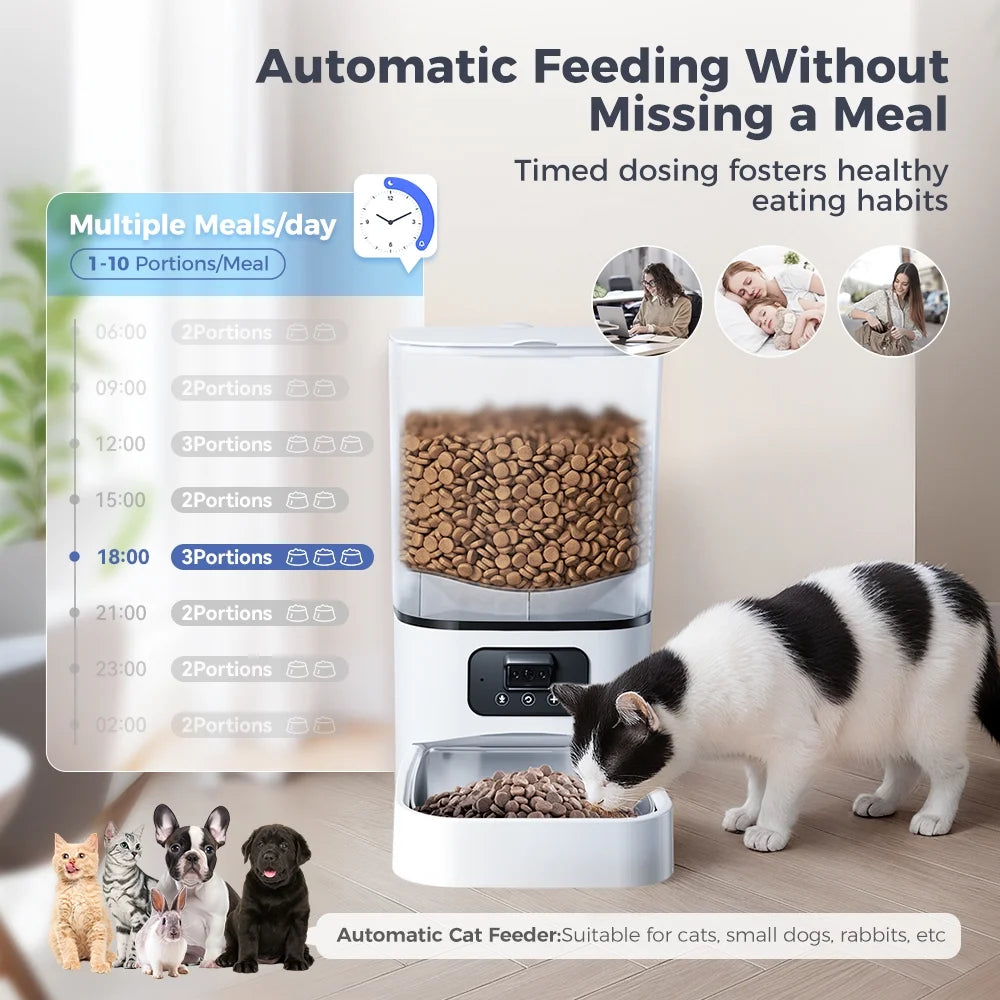 Automatic Cat Feeder with Camera & Night Vision,  Wifi Cat Food Dispenser Dog Timed Feeder Two-Way Audio 6L Pet Feeder for Cat/Dog, APP