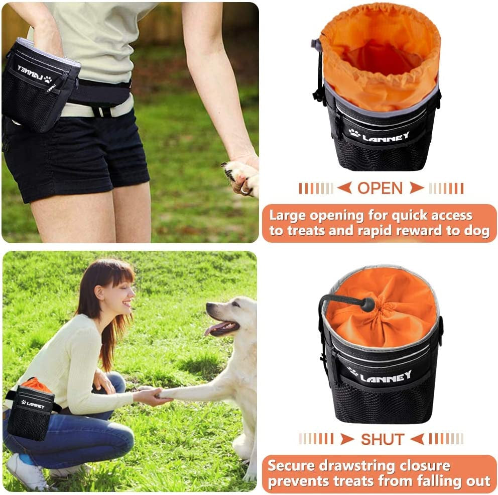 Dog Training Treat Pouch - Versatile Carry Bag for Kibble, Snacks, and Toys, Includes Metal Clip, Waist Belt, Shoulder Strap, and Poop Bag Dispenser, Black with Orange