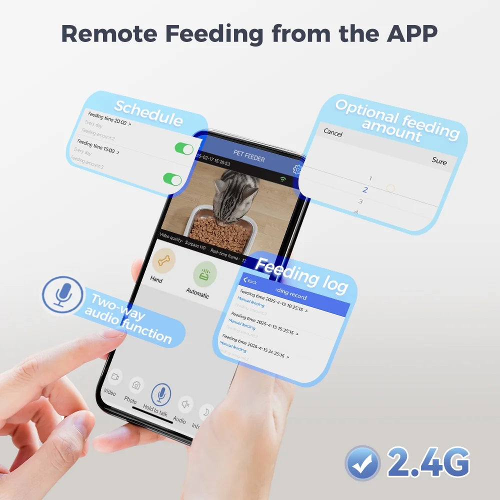 Automatic Cat Feeder with Camera & Night Vision,  Wifi Cat Food Dispenser Dog Timed Feeder Two-Way Audio 6L Pet Feeder for Cat/Dog, APP