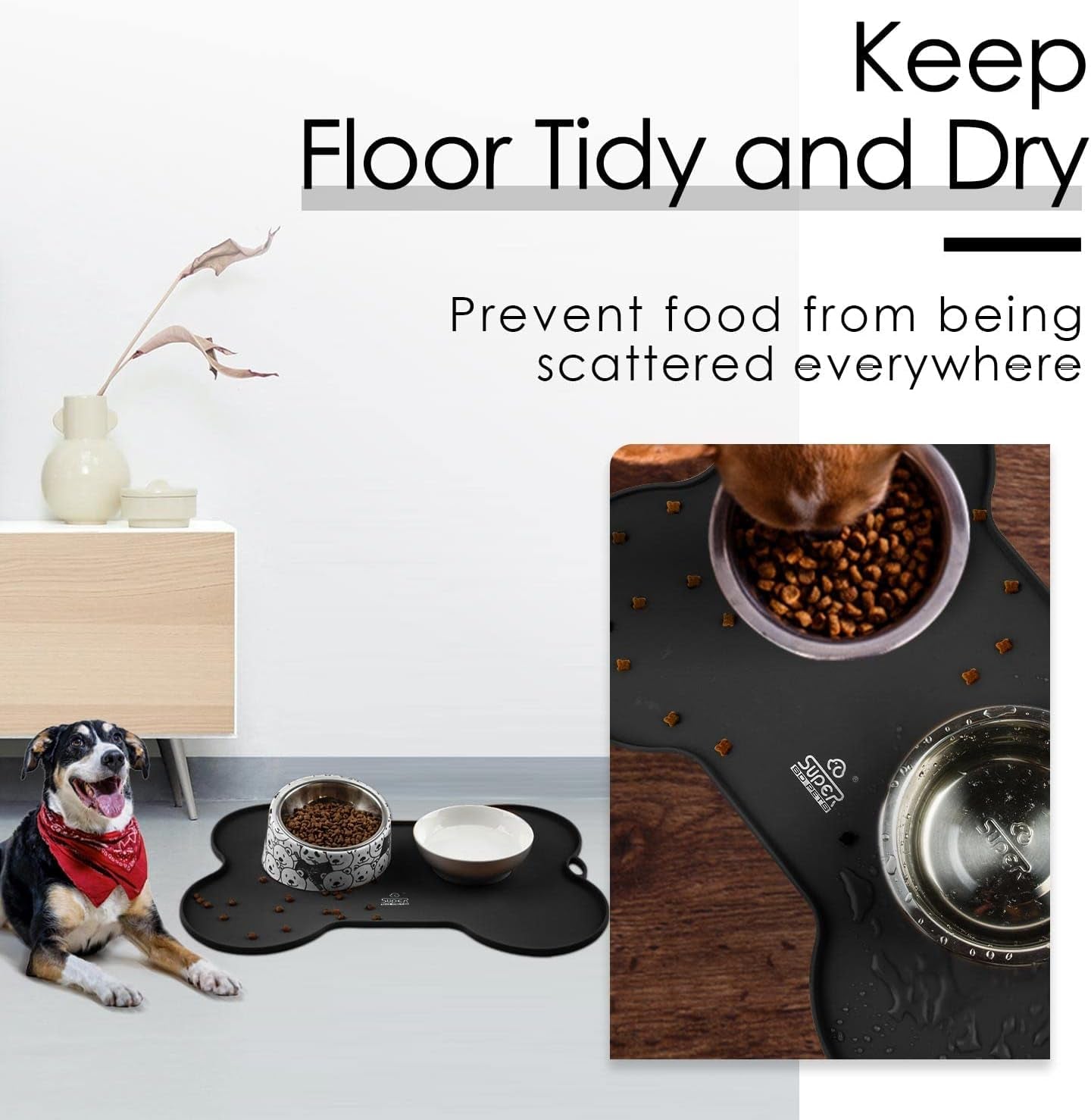 Premium Silicone Dog Food and Water Mat - Non-Spill Cat Feeding Placemat, Waterproof, 20.5" x 14.5", Black
