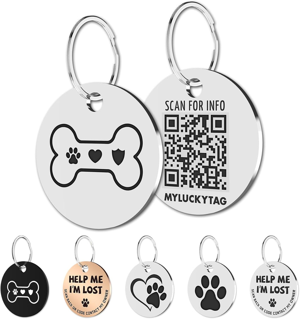 MYLUCKYTAG Stainless Steel QR Code Pet Identification Tags - Instant Location Alerts via QR Scan