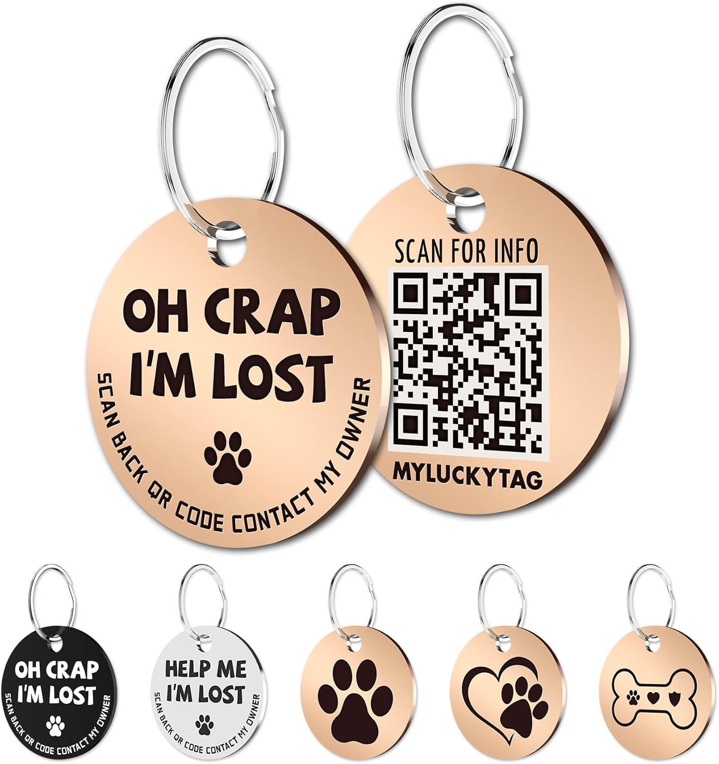 MYLUCKYTAG Stainless Steel QR Code Pet Identification Tags - Instant Location Alerts via QR Scan