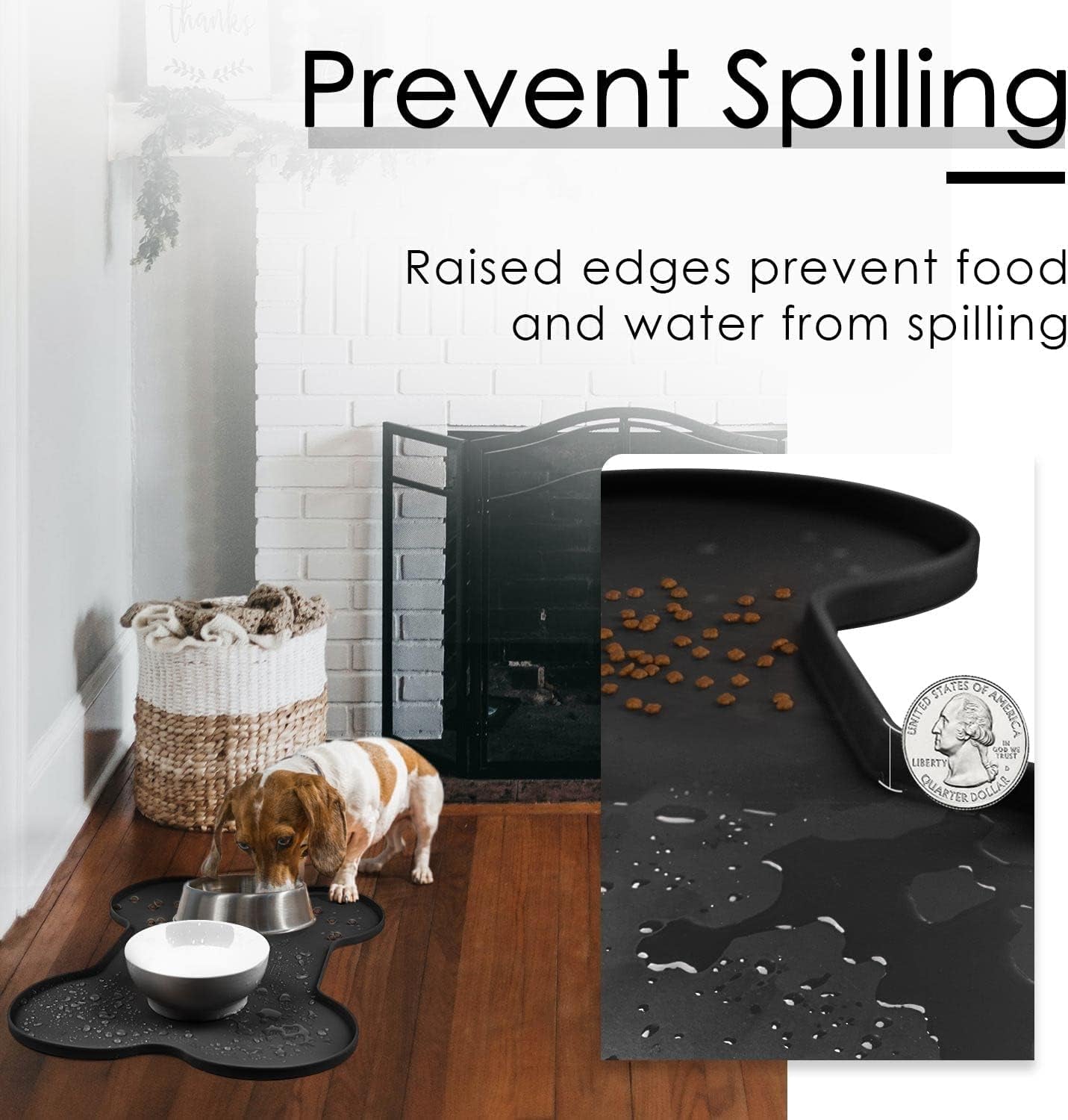 Premium Silicone Dog Food and Water Mat - Non-Spill Cat Feeding Placemat, Waterproof, 20.5" x 14.5", Black