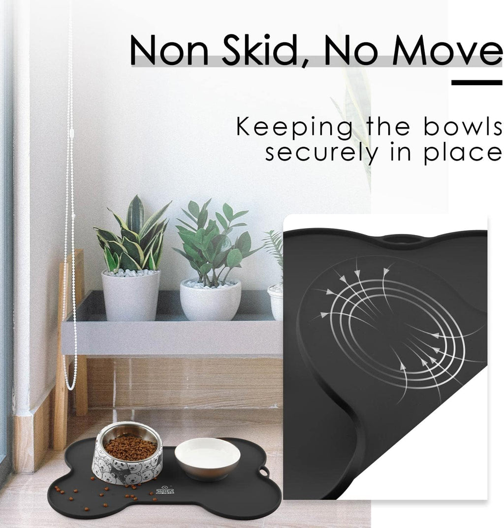 Premium Silicone Dog Food and Water Mat - Non-Spill Cat Feeding Placemat, Waterproof, 20.5" x 14.5", Black