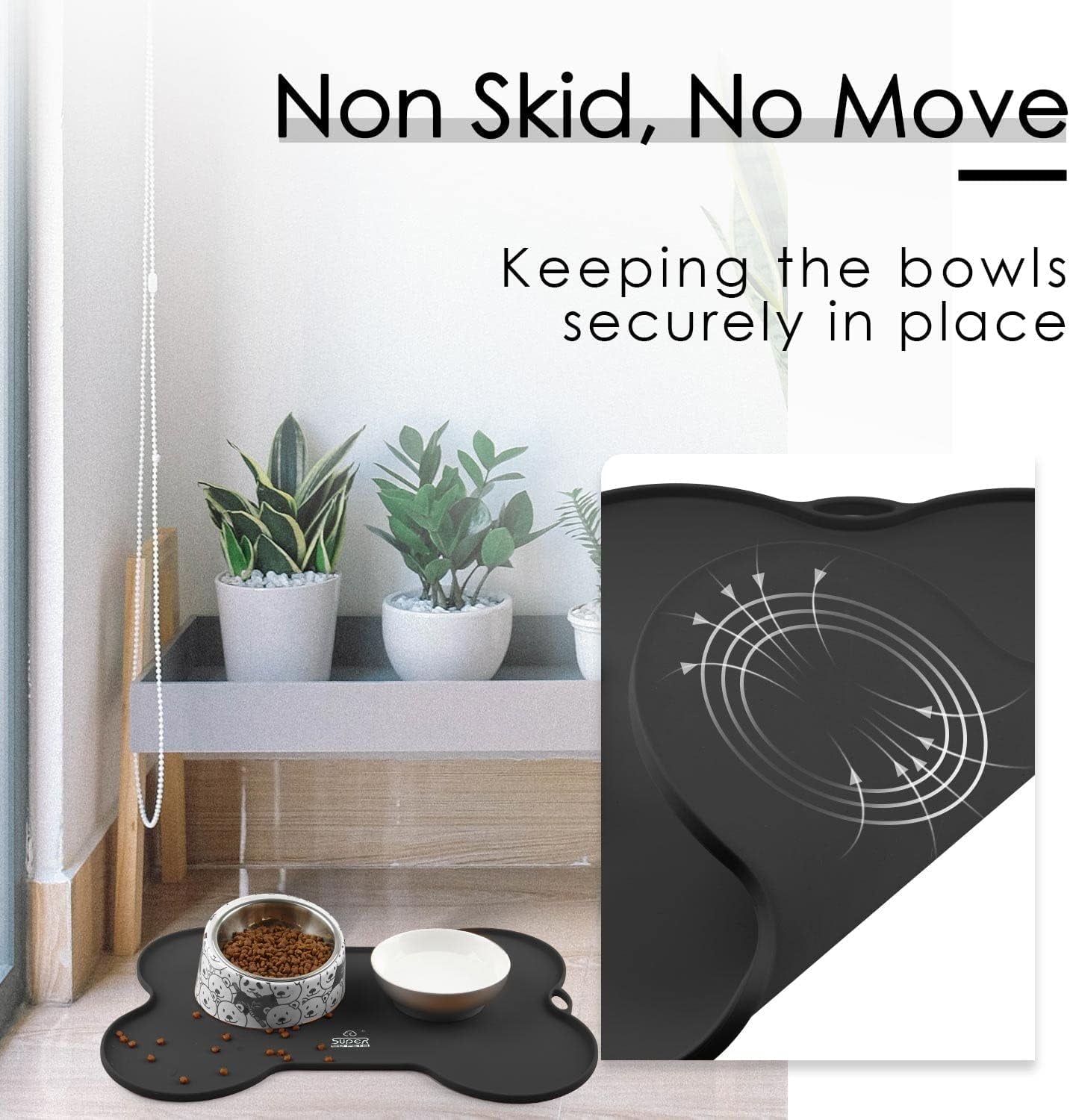 Premium Silicone Dog Food and Water Mat - Non-Spill Cat Feeding Placemat, Waterproof, 20.5" x 14.5", Black