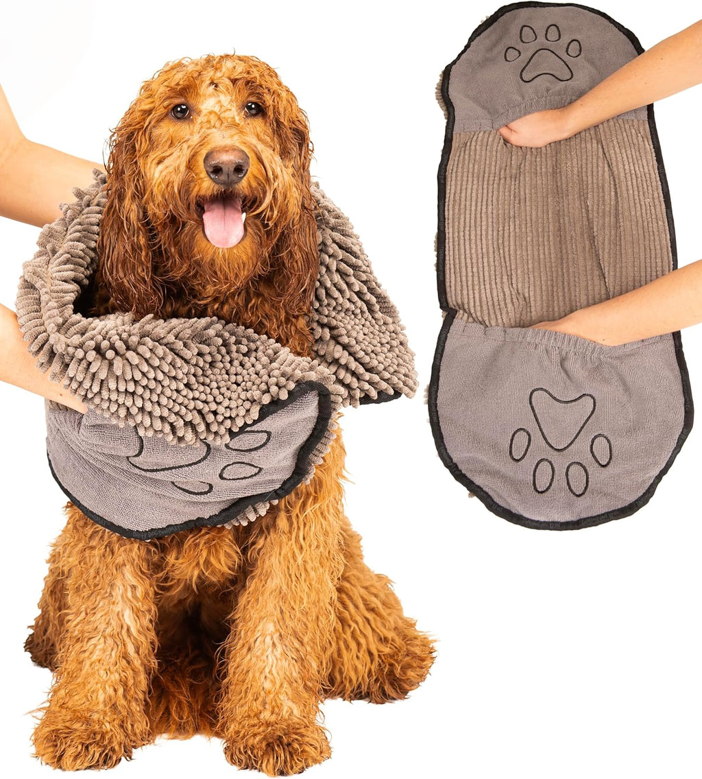 Dog Gone Smart Dirty Dog Shammy Towel - Fast-Drying Plush Microfiber with Dual Hand Pockets and Elastic - Super Absorbent and Machine Washable - Grey