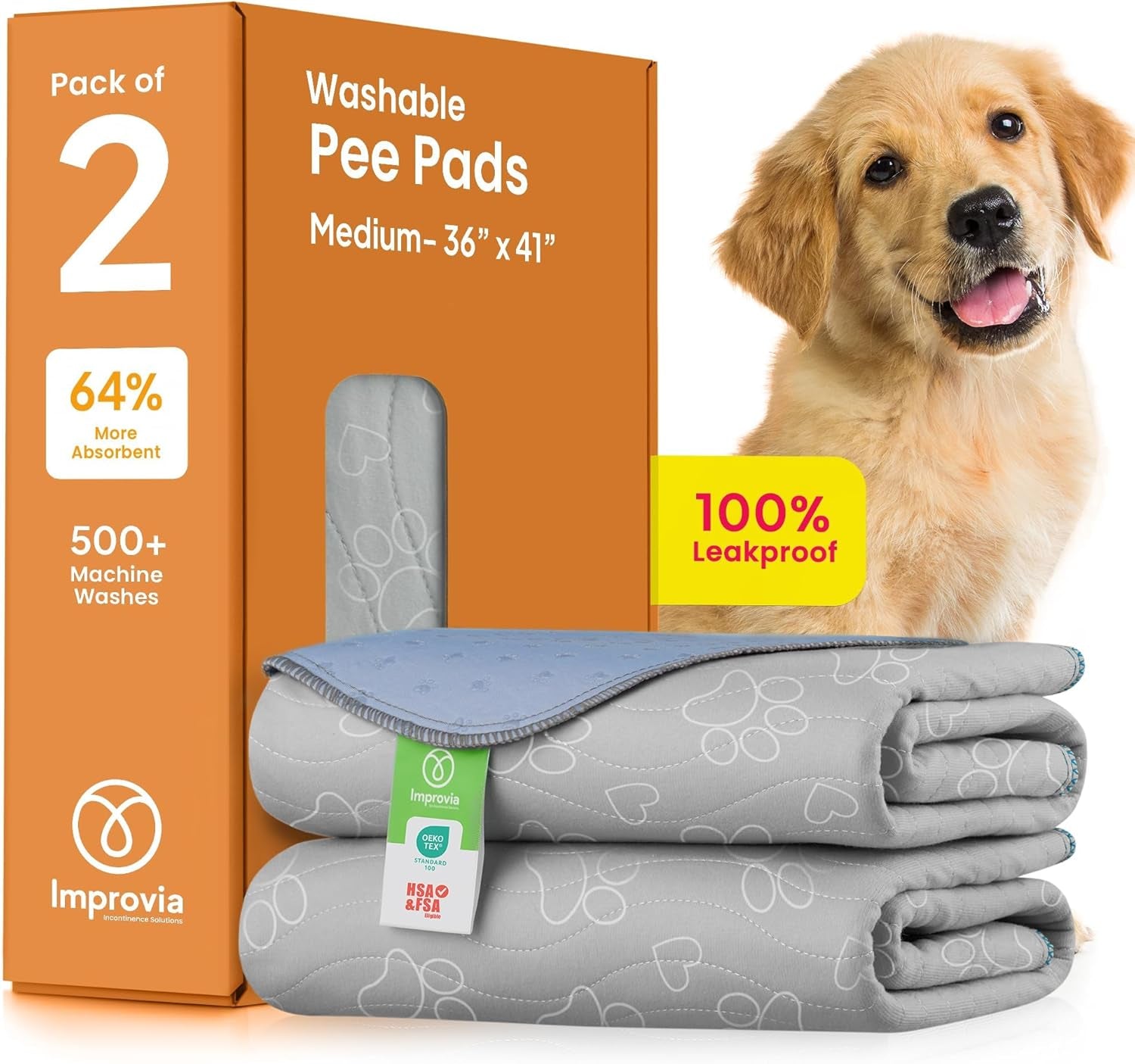 IMPROVIA® Reusable Waterproof Puppy Pad - Extra-Absorbent and Washable Potty Solution for Dog Training and Whelping - Medium Size (36" x 41")