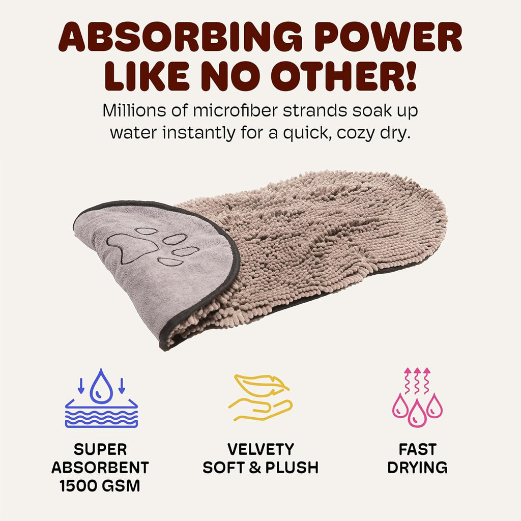 Dog Gone Smart Dirty Dog Shammy Towel - Fast-Drying Plush Microfiber with Dual Hand Pockets and Elastic - Super Absorbent and Machine Washable - Grey