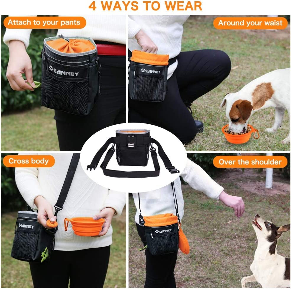 Dog Training Treat Pouch - Versatile Carry Bag for Kibble, Snacks, and Toys, Includes Metal Clip, Waist Belt, Shoulder Strap, and Poop Bag Dispenser, Black with Orange