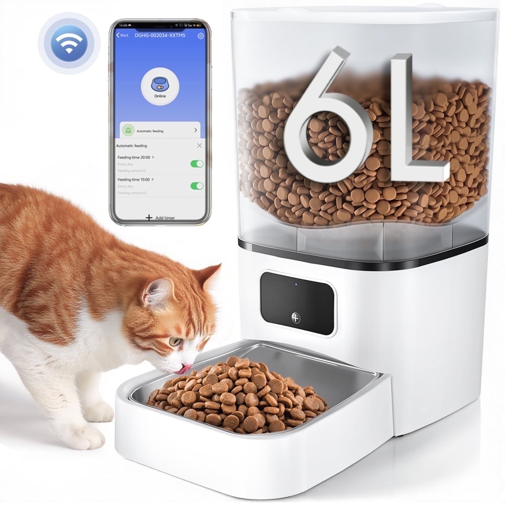 Automatic Cat Feeder with Camera & Night Vision,  Wifi Cat Food Dispenser Dog Timed Feeder Two-Way Audio 6L Pet Feeder for Cat/Dog, APP