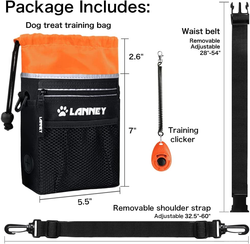 Dog Training Treat Pouch - Versatile Carry Bag for Kibble, Snacks, and Toys, Includes Metal Clip, Waist Belt, Shoulder Strap, and Poop Bag Dispenser, Black with Orange