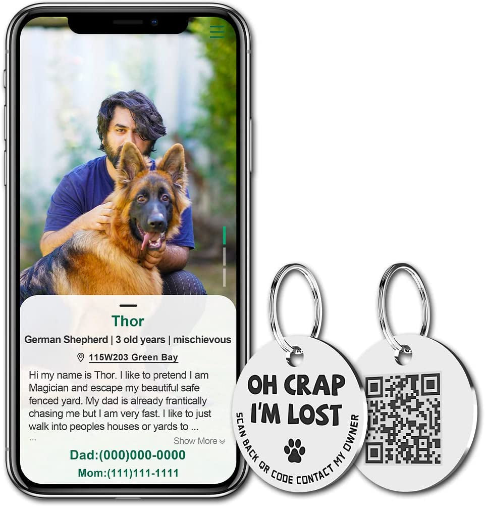 MYLUCKYTAG Stainless Steel QR Code Pet Identification Tags - Instant Location Alerts via QR Scan