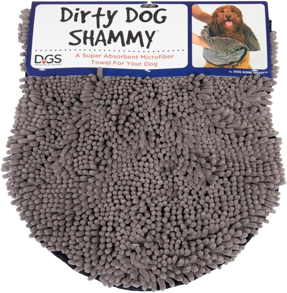 Dog Gone Smart Dirty Dog Shammy Towel - Fast-Drying Plush Microfiber with Dual Hand Pockets and Elastic - Super Absorbent and Machine Washable - Grey