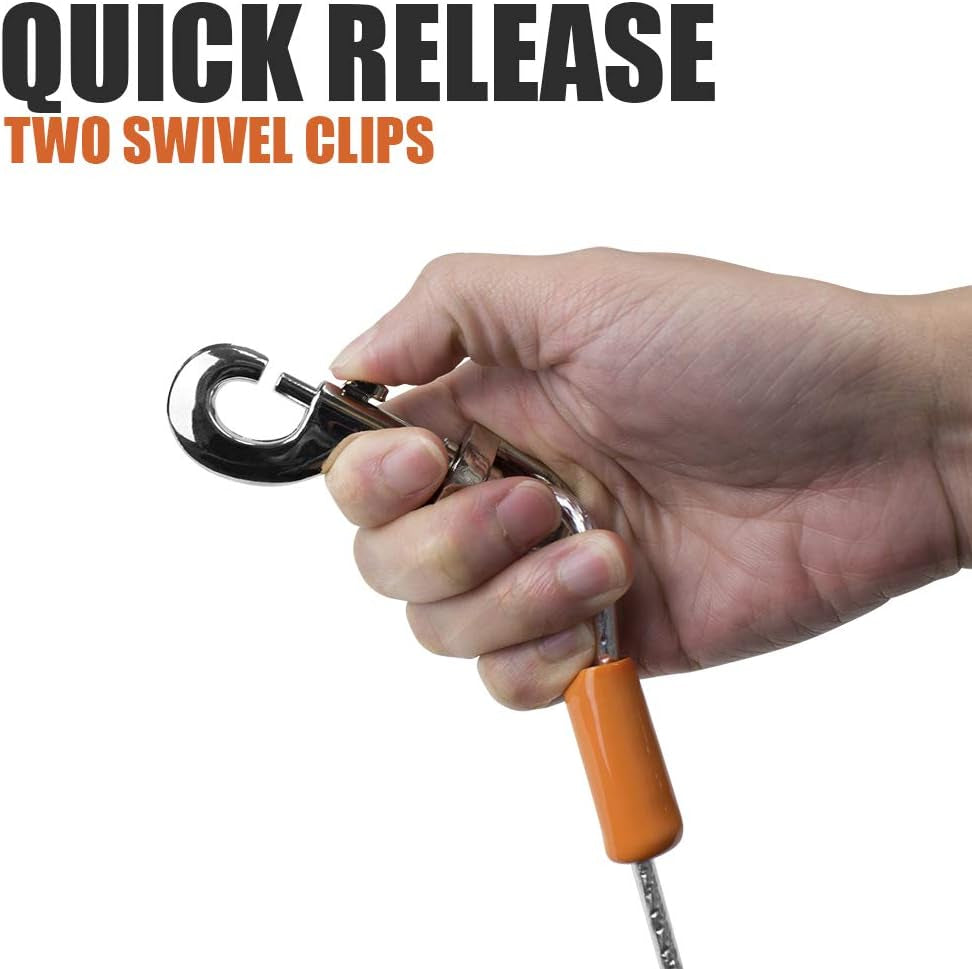 BV Heavy-Duty 25-Foot Dog Tie-Out Cable for Dogs up to 90 Pounds - Reflective, Rust-Resistant with Quick Release Swivel Clips and 360° Rotating Clasp - Tangle-Free Runner for Yard (Silver, Single)