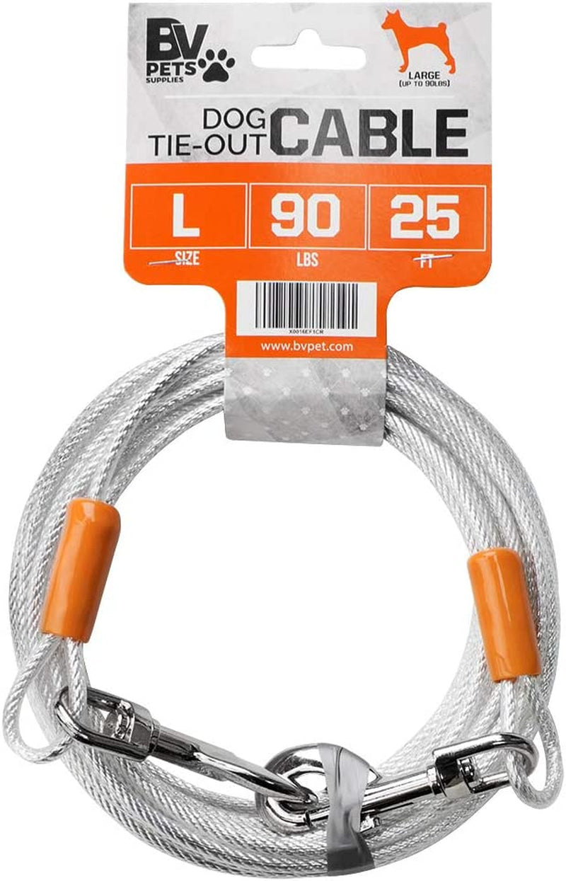BV Heavy-Duty 25-Foot Dog Tie-Out Cable for Dogs up to 90 Pounds - Reflective, Rust-Resistant with Quick Release Swivel Clips and 360° Rotating Clasp - Tangle-Free Runner for Yard (Silver, Single)