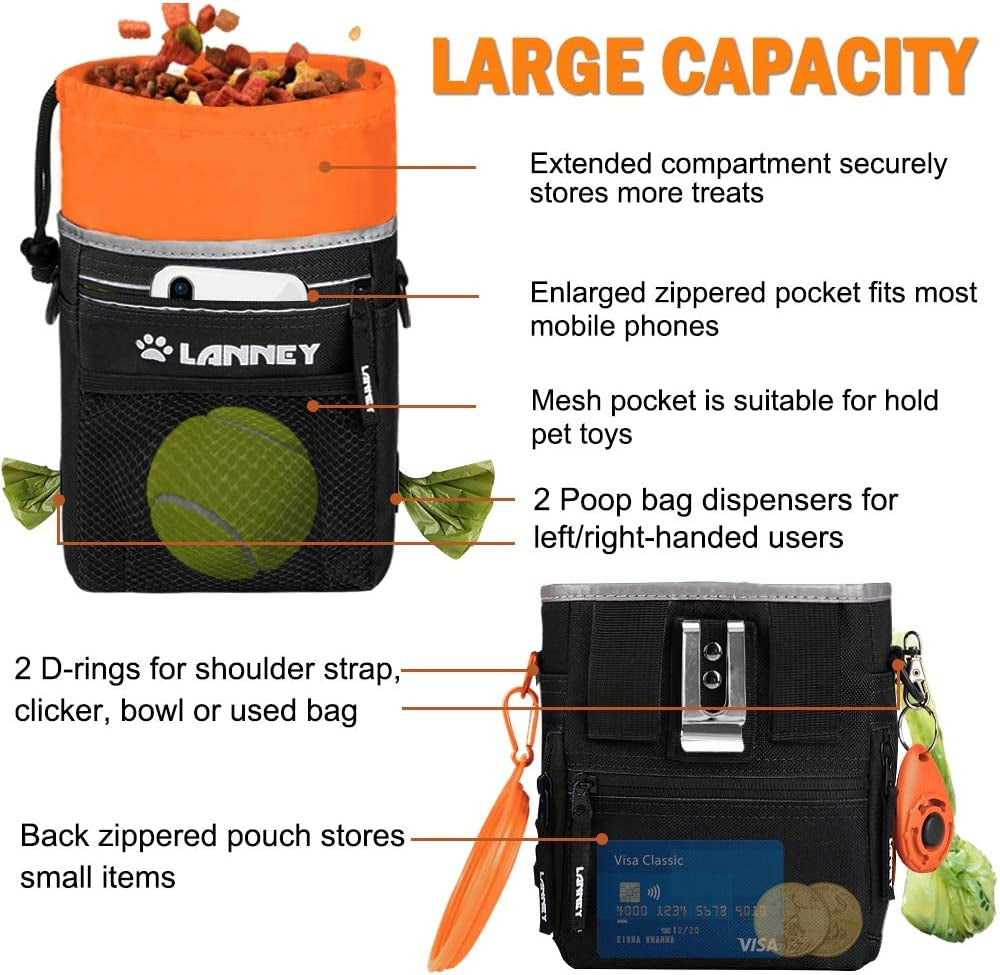 Dog Training Treat Pouch - Versatile Carry Bag for Kibble, Snacks, and Toys, Includes Metal Clip, Waist Belt, Shoulder Strap, and Poop Bag Dispenser, Black with Orange