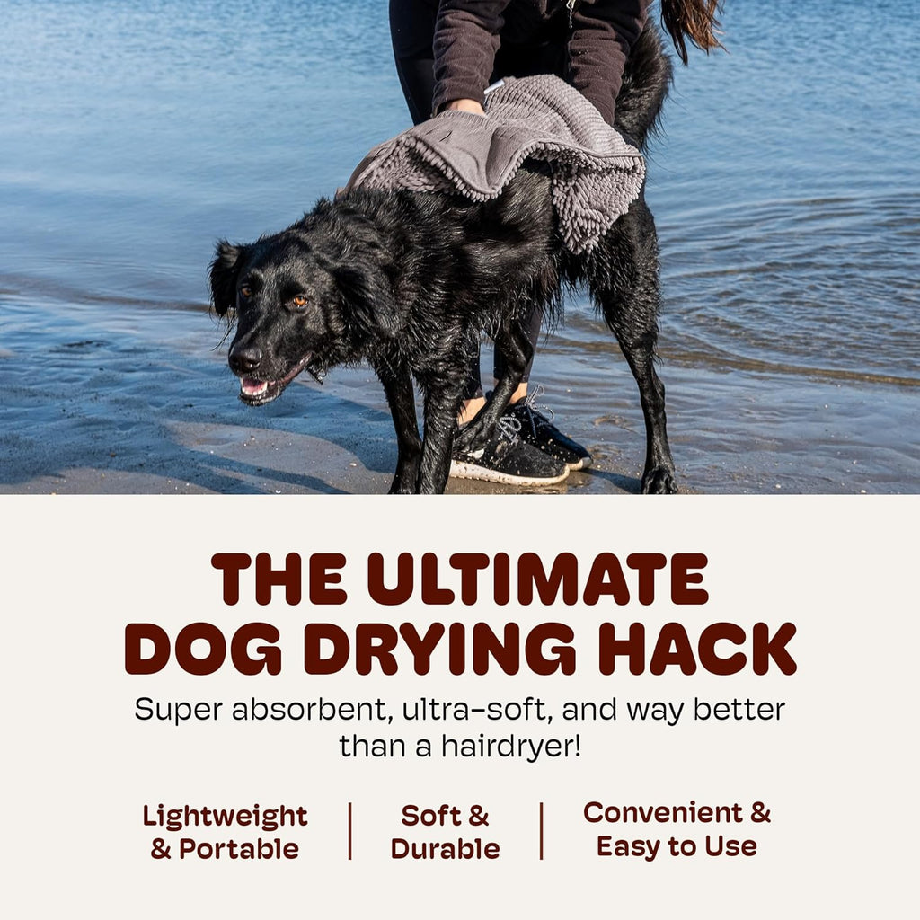 Dog Gone Smart Dirty Dog Shammy Towel - Fast-Drying Plush Microfiber with Dual Hand Pockets and Elastic - Super Absorbent and Machine Washable - Grey