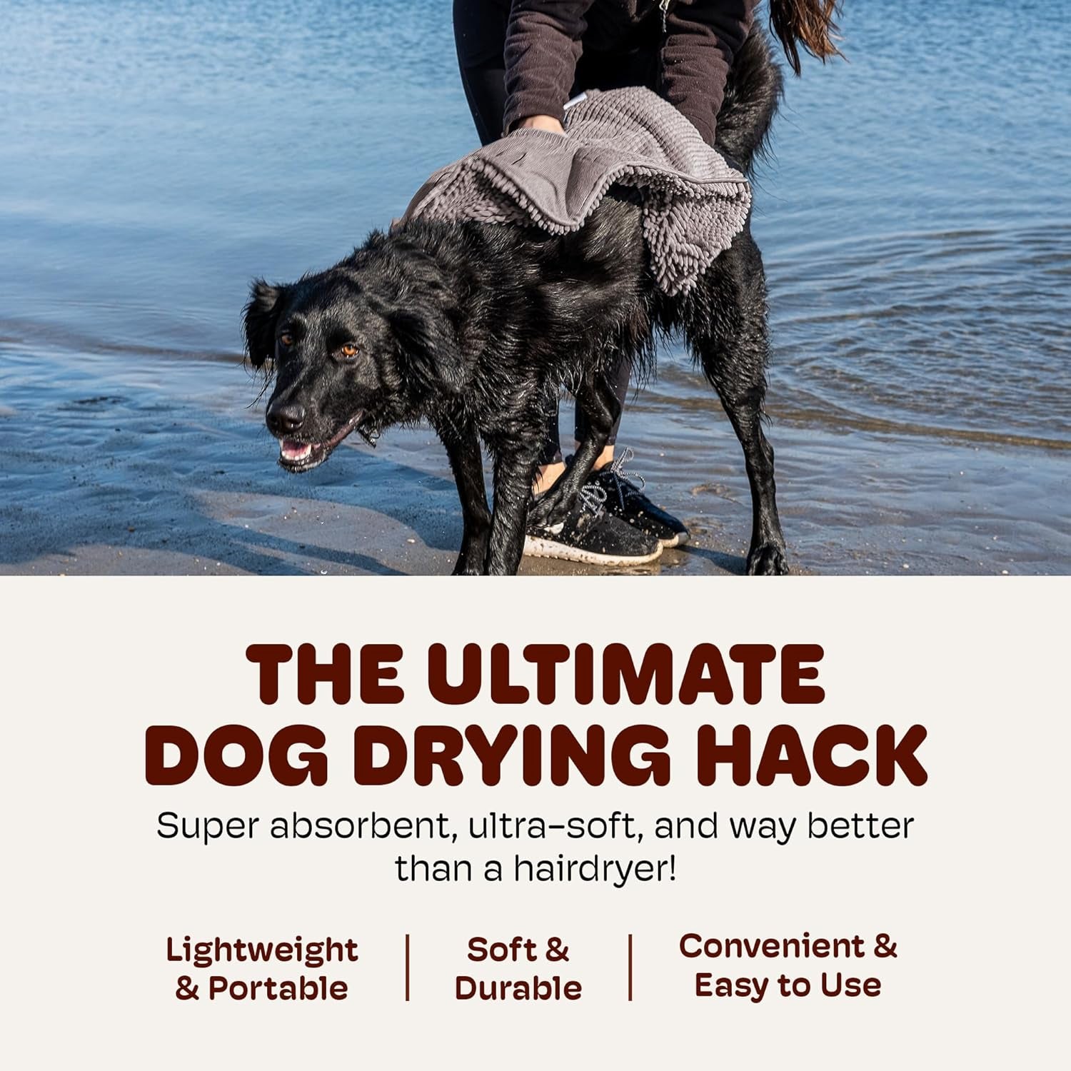 Dog Gone Smart Dirty Dog Shammy Towel - Fast-Drying Plush Microfiber with Dual Hand Pockets and Elastic - Super Absorbent and Machine Washable - Grey