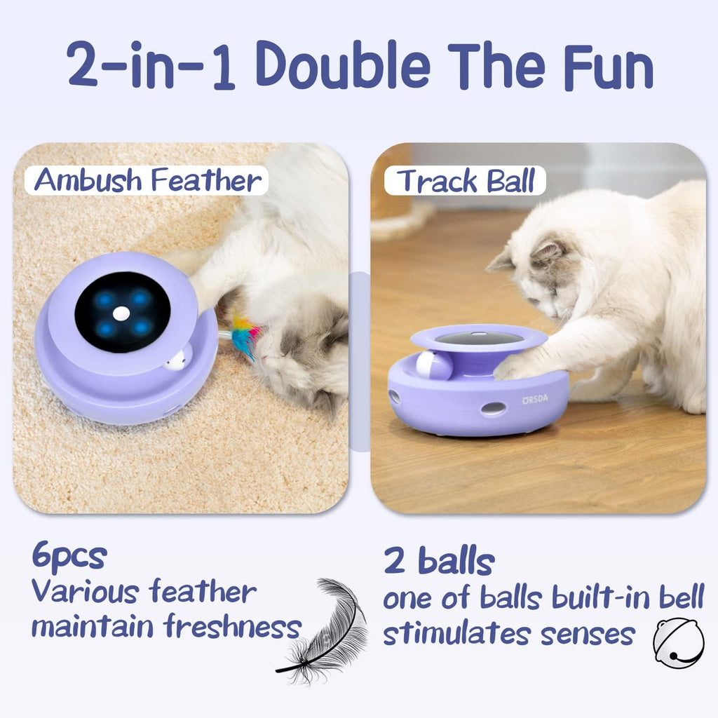 ORSDA Cat Toys, 2-In-1 Interactive Cat Toys for Indoor Cats, Automatic Cat Toy Balls, Mice Toys Ambush Feather Kitten Toys with 7Pcs Attachments, Dual Power Supplies, Adjustable Speed, Auto On/Off